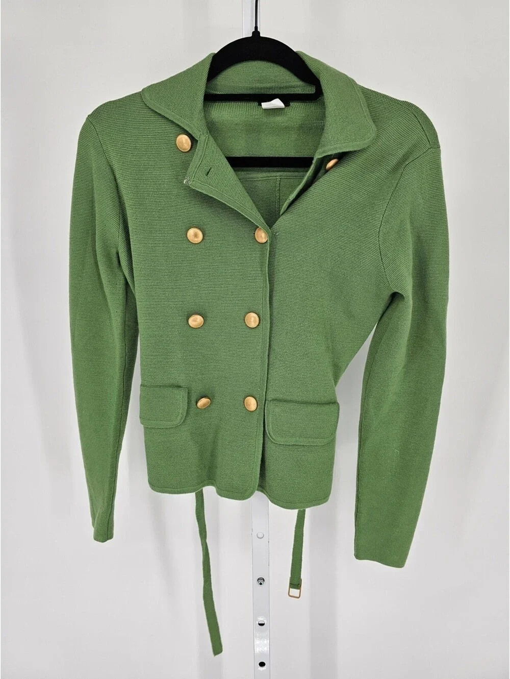 J Crew Sz S 100% Merino Wool Green Double Breasted Sweater with Gold Buttons